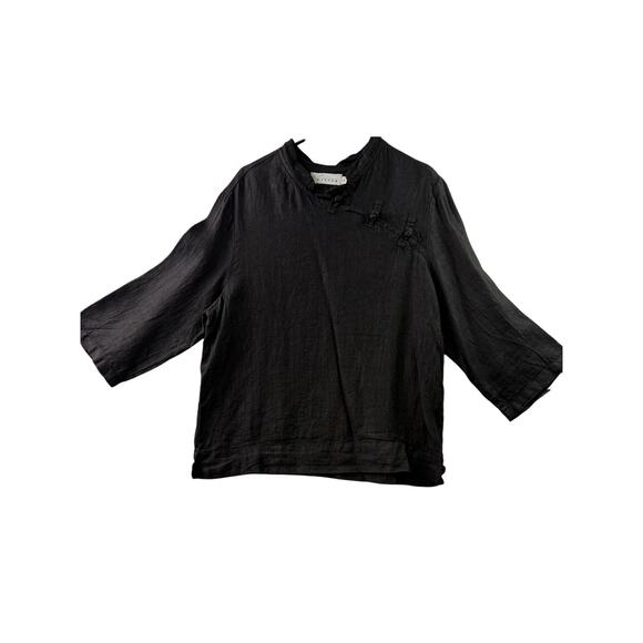 Willow Tops - Willow Linen Top with Vintage Frog Button Detail – Black – Size Large